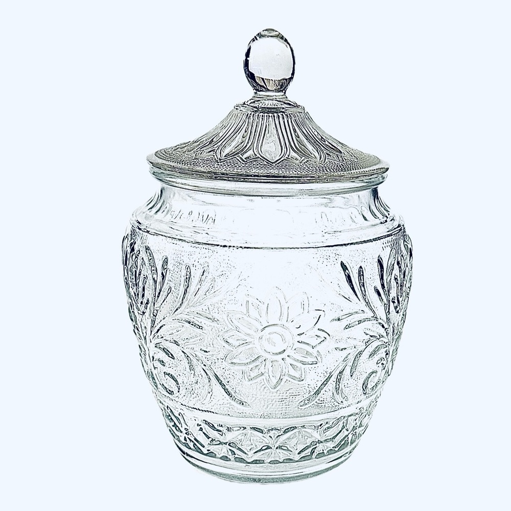 Vintage 1940’s Anchor Hocking Clear Sunflower Pressed Glass Cookie Jar